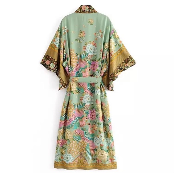 New Floral Bohemian Peacock Kimono Duster Jacket Robe Swim Cover - Picture 11 of 13